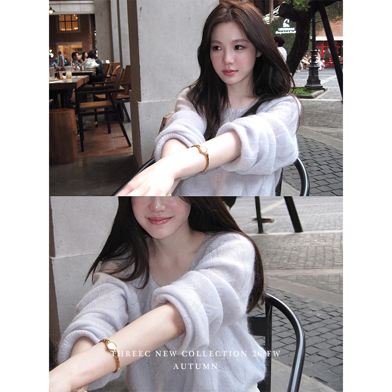Three Xi Threec【Nian Nian】Cute and Playful 50% Wool 23% Mohair High-Quality Loose-Fitting Cable Knit Sweater
