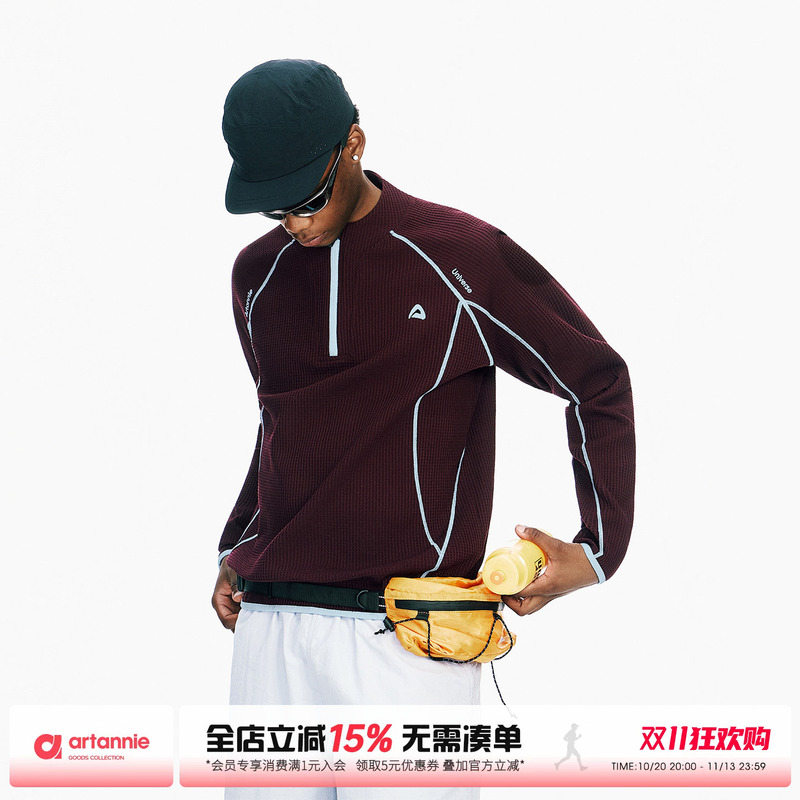 Artannie Waffle Color-Block Half-Zip Long-Sleeve T-Shirt for Men, American Hasselblad Line Sports Couple Outfit Top