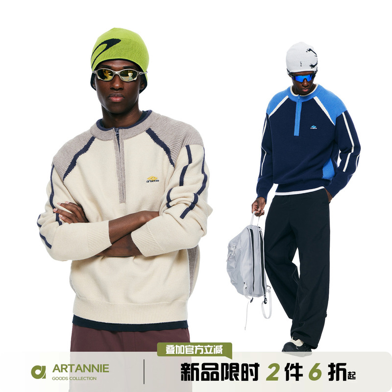Artannie Outdoor Sports Patchwork Sweater Men's Autumn and Winter New American Style Half-Zip Knitwear Couple's Jacket