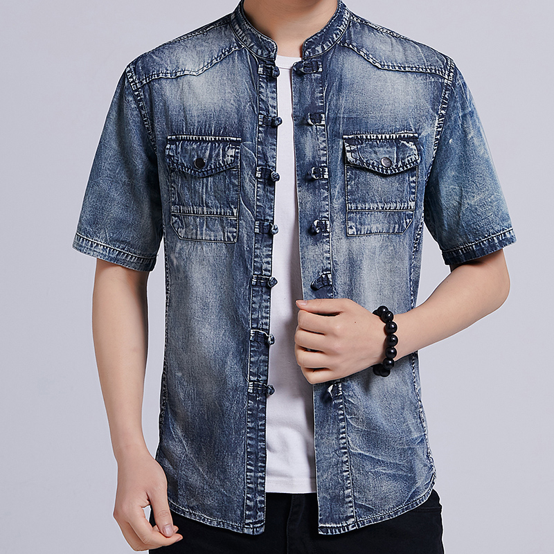 mỏng mùa hè nam ngắn tay Tang ăn mặc gió hàng đầu Trung Quốc retro Trung Quốc Trung Quốc áo sơ mi denim cổ Zhongshan váy