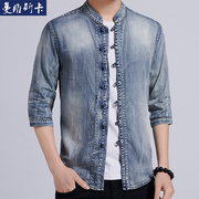 Mùa hè của nam giới nút xuống mỏng bảy điểm tay áo Tang quần áo gió của Trung Quốc retro áo denim Trung Quốc Trung Sơn