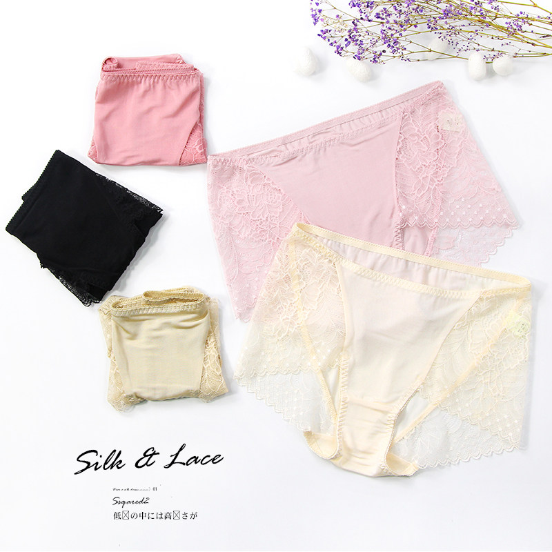 100% Knit Genuine Silk Briefs Female Senses Hollowed-out Seductive Four Corners Pants Super Slim Summer Without Marks Lace Pants Woman Mid Waist
