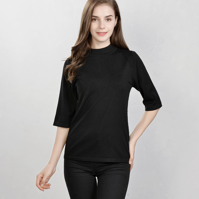 Chami Knit Undershirt Woman Autumn Winter Sweater Semi-High Collar Cover Head Middle Sleeve Mulberry Silk Cashmere Sweatshirt Thin-knit cardiovert