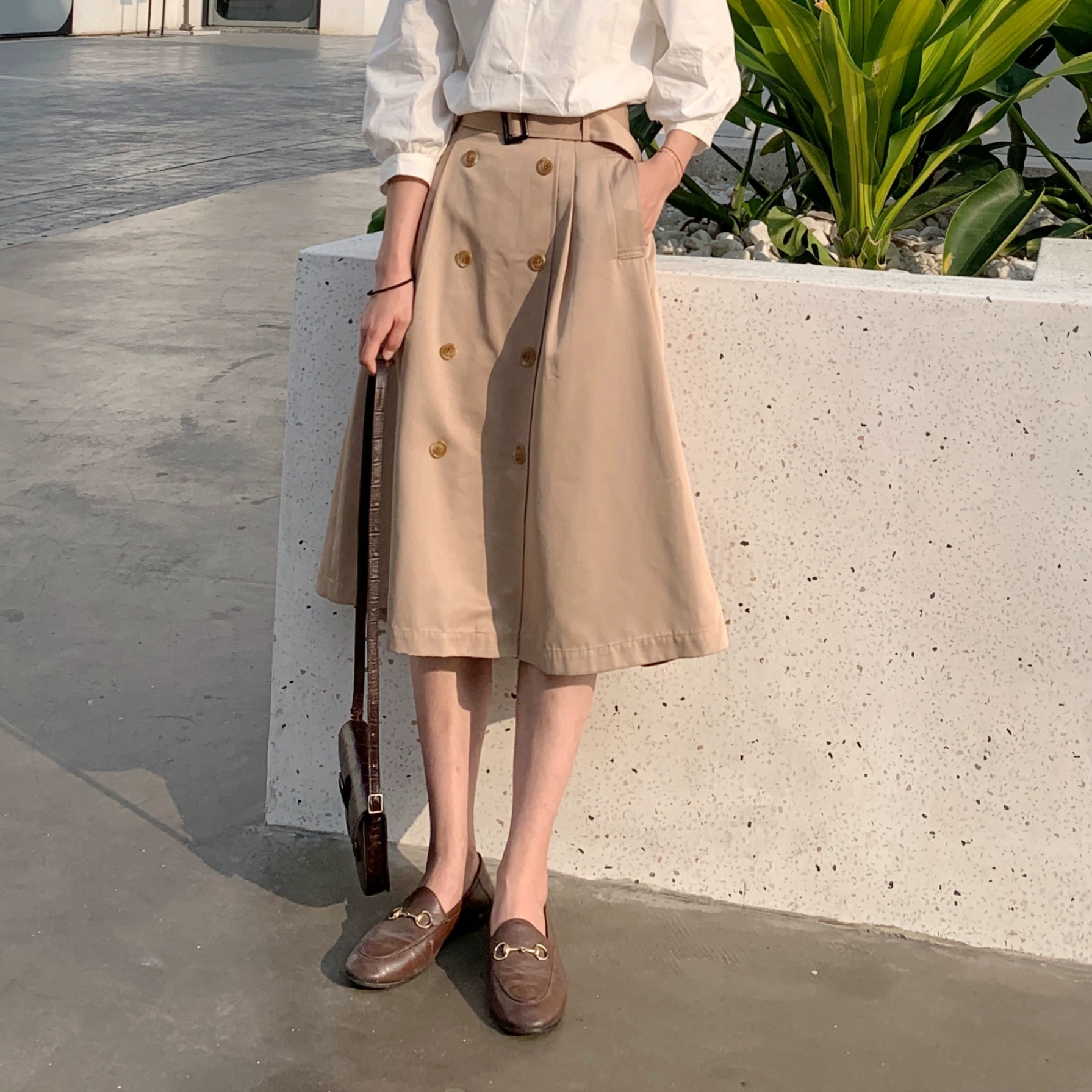 Sugar Annie Autumn Váy Kaki Nữ Dài trung A-line Eo cao Hàn Quốc Sang trọng Hai ngực Mỏng Retro - Váy
