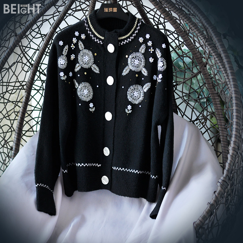 So beautiful heavy industry beaded bright silk woven round neck knitted cardigan women's fashion long-sleeved foreign air short coat autumn