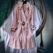 High-end commuter Italian lapel lace slim slim pink lace trench coat over the knee long jacket thin spring