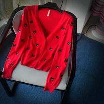 Small fresh sweater women sweet autumn European station 2021 spring new solid color lazy red knitted cardigan outside the female