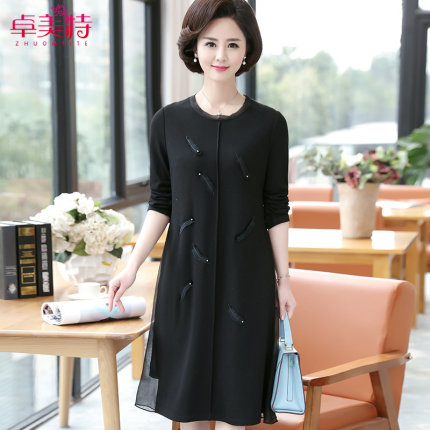 中年妈妈春装过膝连衣裙高贵40岁50中老年女