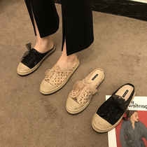ITSK shoes children fishermans shoes straw chicBaotou flat bottom wave point butterfly knot semi-slipper womens shoes
