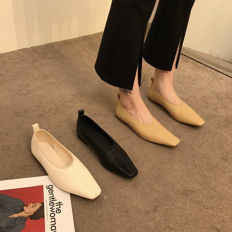 ITSK Single Shoes Female Square Head Flat Bottom 100 Hitch Soft Leather Comfort Commute To Work Women Shoes Bean Bean Shoes