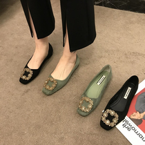 ITSK shoes womens single shoe square head shallow mouth water drill flat bottom black women shoes soft bottom bean-bean shoes