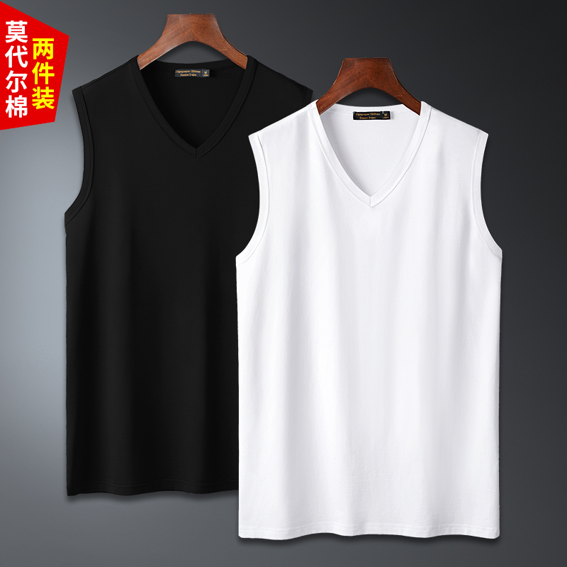 2 Pieces] 10A Grade Antibacterial Modal Men's V-Neck Vest for Fitness and Sports, Loose-Fitting, Breathable, Sleeveless T-Shirt for Men in Summer