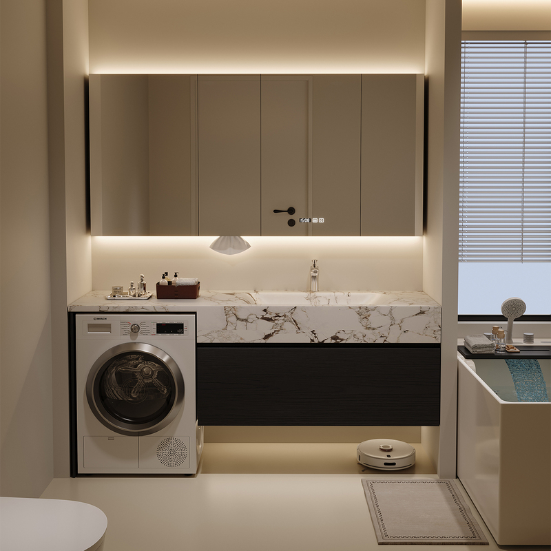 Minimalist Washing Machine and Bathroom Cabinet Combination with Integrated Rock Slab Hot-Bent Basin for Bathroom Sink and Hand Washing Minimalist Washing Machine and Bathroom Cabinet Combination with Integrated Rock Slab Hot-Bent Basin for Bathroom Sink and Hand Washing