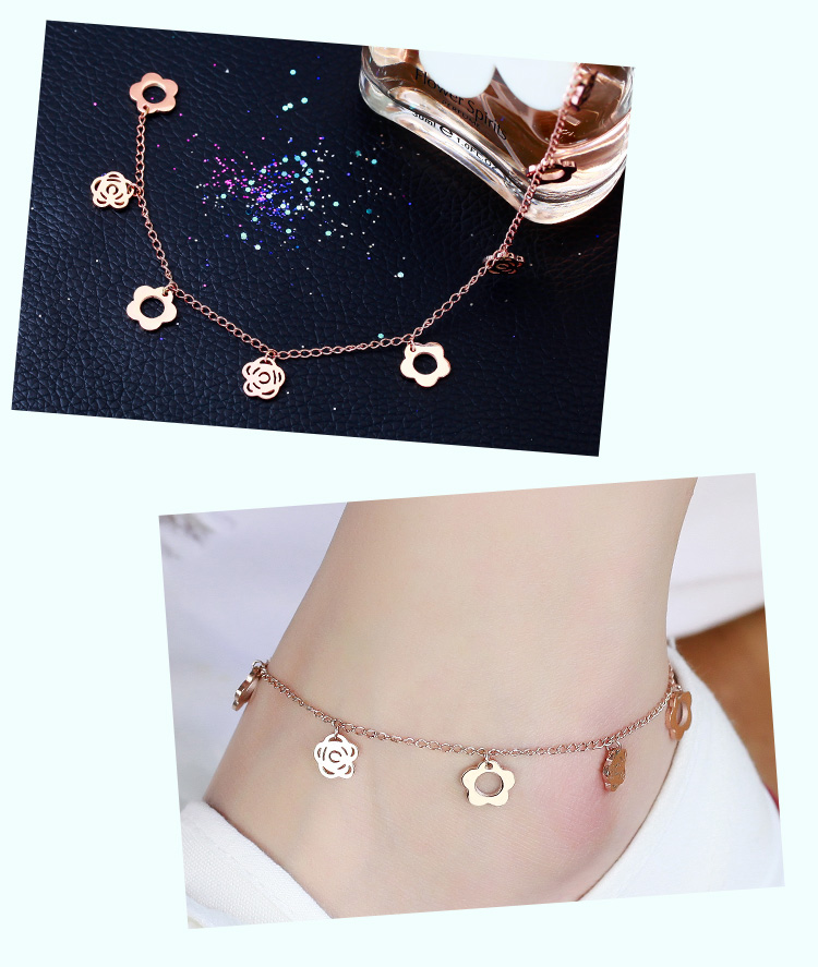 Miễn phí vận chuyển tính khí tua Camellia vòng chân mạ vàng hồng titan thép nữ màu vàng trang sức Hàn Quốc phụ kiện thời trang nữ
