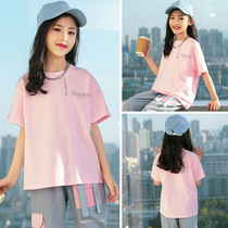 Girls short sleeve t-shirt summer cotton 2022 new summer clothes children loose girls half sleeves T female big boy tops tide