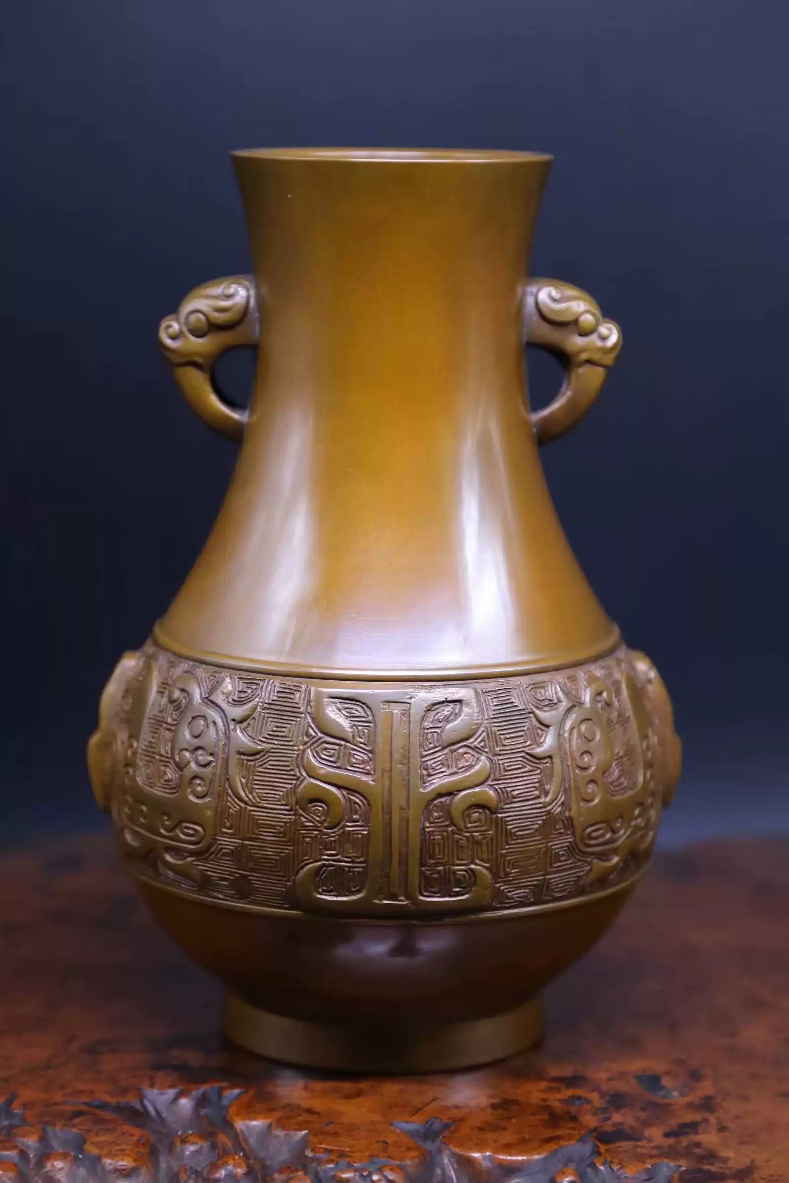 日本花道高岡銅器鑄銅雙獸耳仿古紋花瓶金工師八島望舟作品