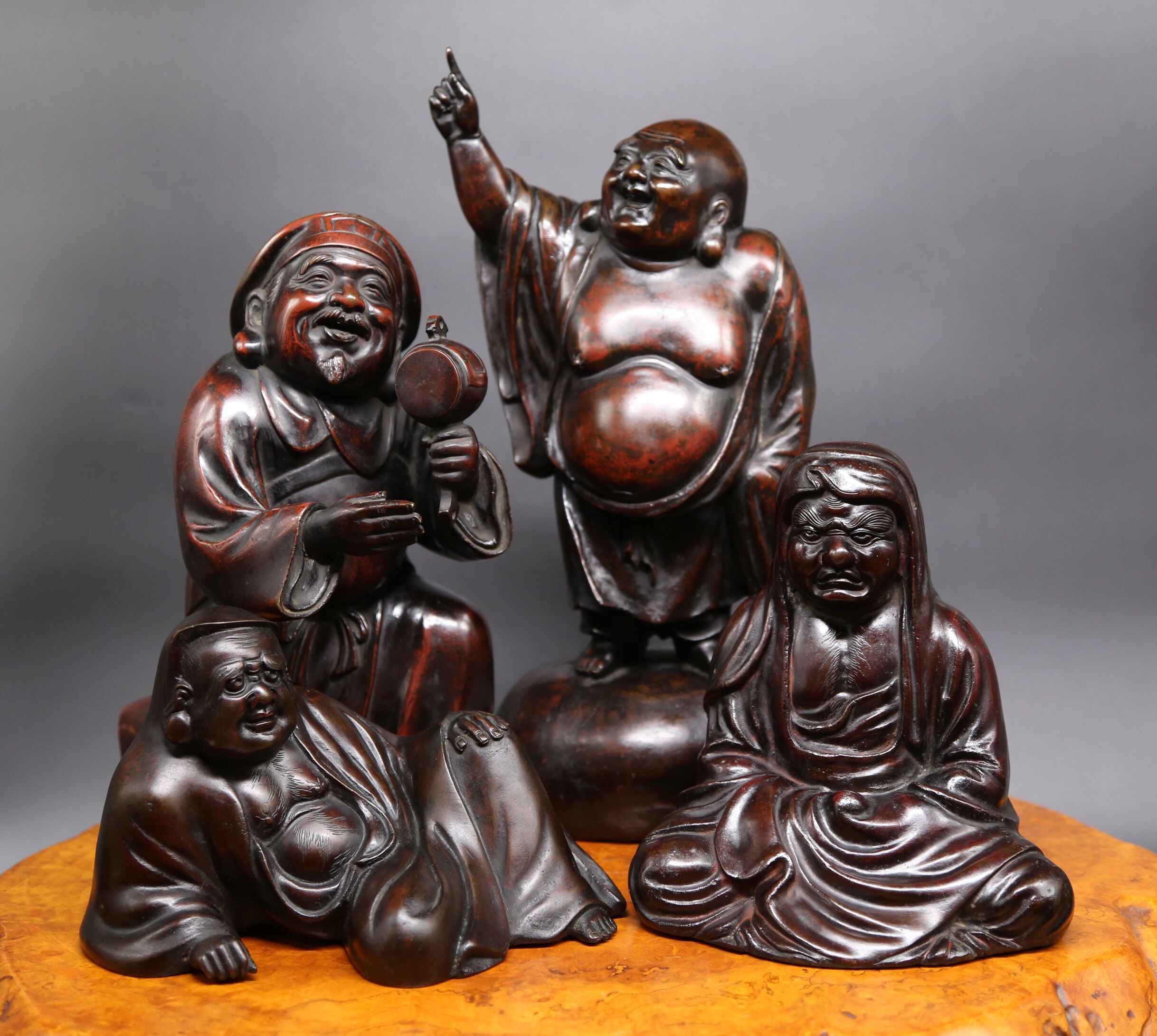 Z396☆時代煎茶道具 本間琢斎銘 紫銅金彩山水文茶托五客