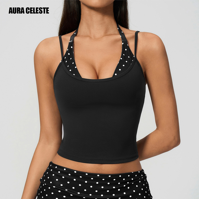 Auce European and American Style Hot Girl ins Polka Dot Sports Bra for Women, Halter Neck Fitness Yoga Bra, Fake Two-Piece Tank Top with Chest Pads