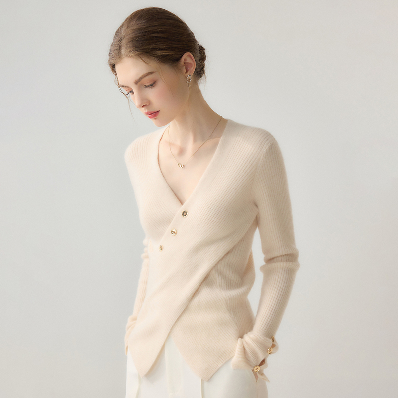 100% Cashmere Cross V-Neck Diagonal Button Cardigan for Women, Slim Fit, Waist-Cinching, Asymmetrical Front, Knit Top, Jacket