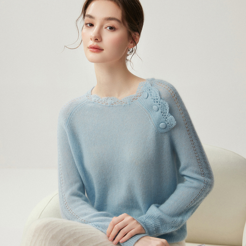 Hemline Knitwear for Women with 75% Cashmere and 25% Mulberry Silk, Featuring Lace Trim, Round Neck, Hollow Crochet Design, and Suitable as a Base Layer