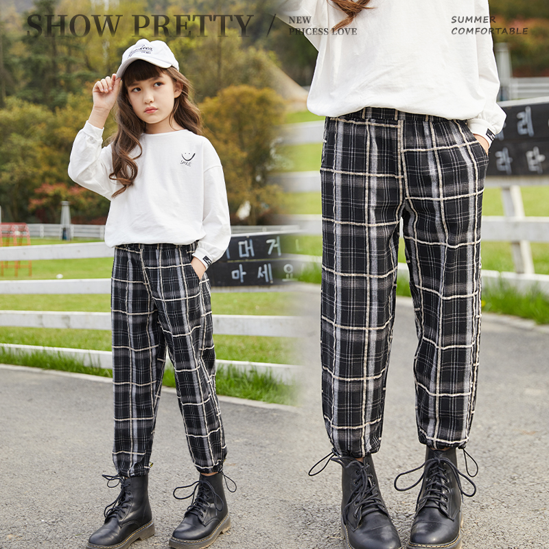 Girls plaid pants spring and autumn thin pants children's sports pants outerwear loose trousers big children's casual pants bunched pants