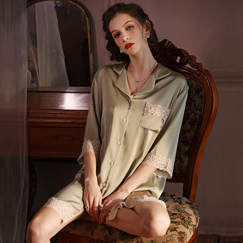 Mulberry Silk Nightgown for Women, New Mulberry Silk Pajamas, Summer Loose Lace-Trimmed Shirt Dress, Can Be Worn Outside as Loungewear Mulberry Silk Nightgown for Women, New Mulberry Silk Pajamas, Summer Loose Lace-Trimmed Shirt Dress, Can Be Worn Outside as Loungewear