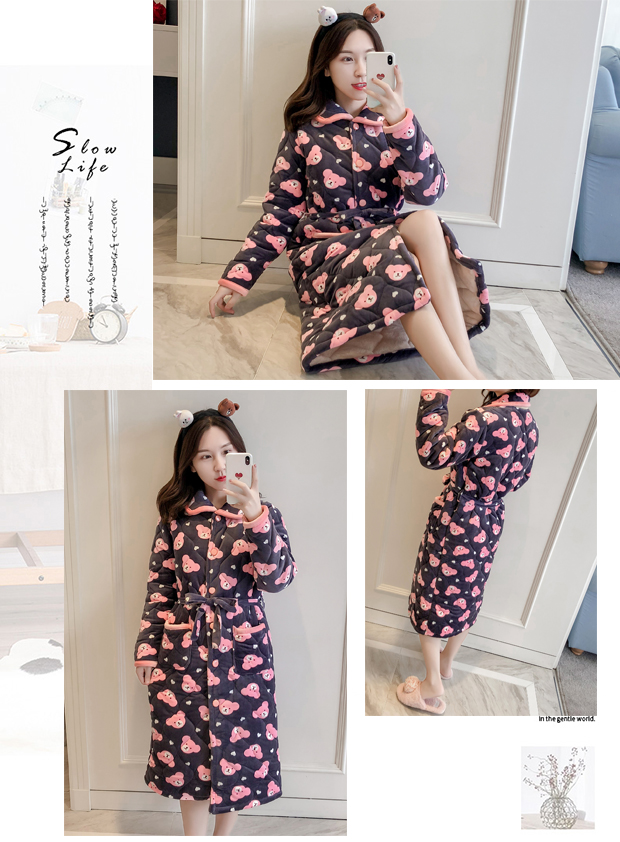 Áo ngủ mùa đông nữ dày và dài san hô lông cừu bông flannel mùa đông dễ thương cộng với áo choàng tắm nhung đồ ngủ trẻ em