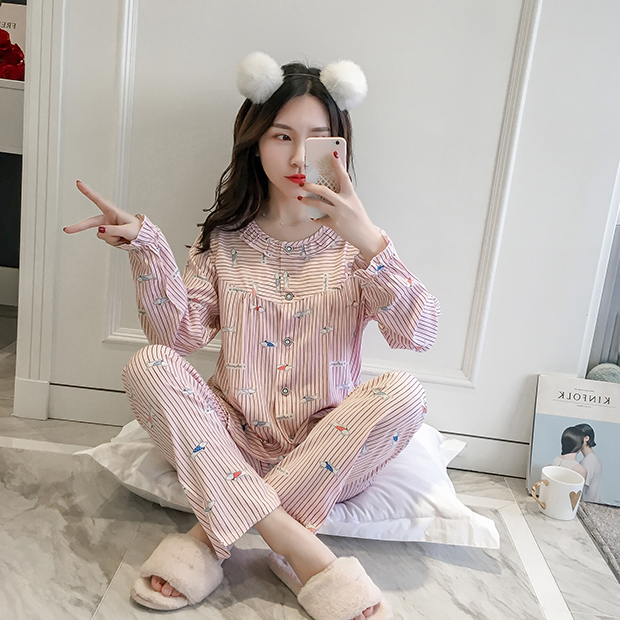 Bông lụa đồ ngủ nữ dài tay cotton cardigan phần mỏng mùa xuân và mùa thu mùa hè nhân tạo cotton phù hợp với dịch vụ nhà tháng quần áo