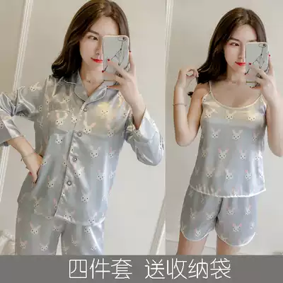 Cloth bag five sets spring and autumn pajamas women long sleeve cute suspenders simulation Silk Home clothing women Summer