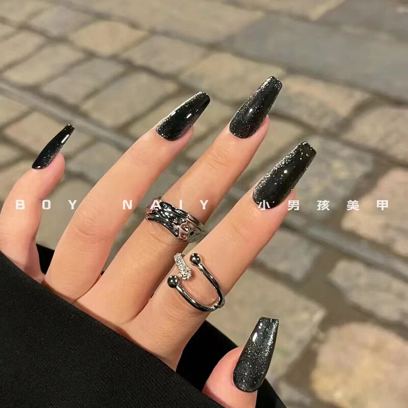 Little Boy's Nail Art, Handmade Nail Patches, Finished Product, Cool Girls' Black Cat Eye