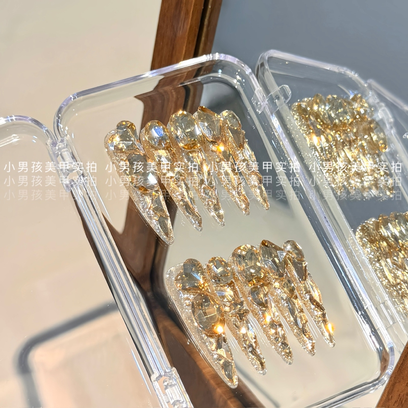 Champagne Gold Luxurious Sparkling Full Diamond Little Boy Manicure, Handmade Wearable Nails with Removable Patches Champagne Gold Luxurious Sparkling Full Diamond Little Boy Manicure, Handmade Wearable Nails with Removable Patches