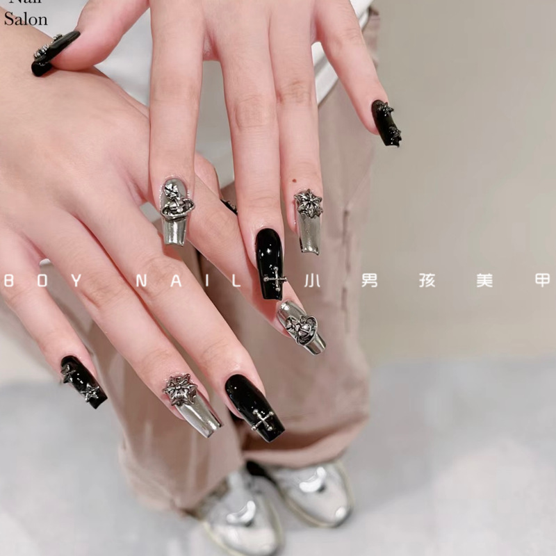 Sweet Cool Girl Gothic Style Black and Silver Magic Mirror Little Boy Nail Art Handmade Wearable Nail Patches Sweet Cool Girl Gothic Style Black and Silver Magic Mirror Little Boy Nail Art Handmade Wearable Nail Patches
