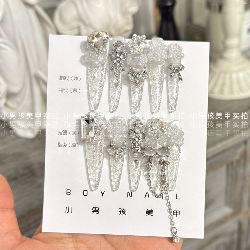 Glazed Crushed Ice Little Boy Manicure, Handmade Wearable Nails, Removable Patches, Luxurious White Rose