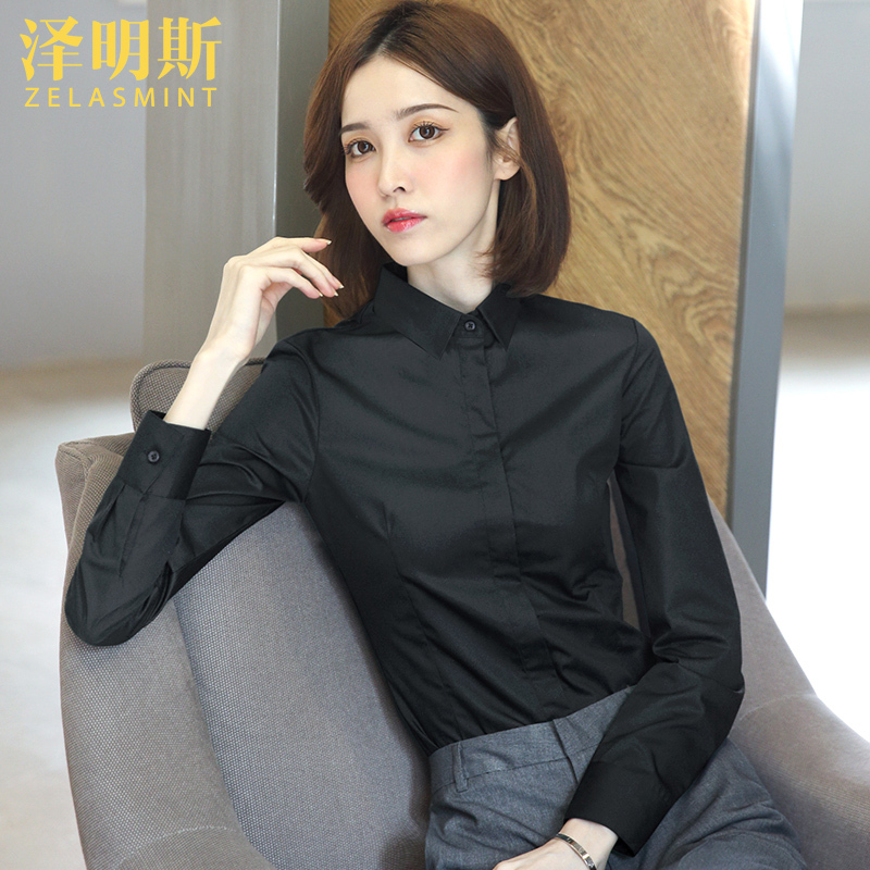 Zeming's Black Professional Shirt for Women, Long-Sleeve Workwear, Formal Wear, 2025 Autumn and Winter New Style, Fleece-Lined, Warm, Thick Shirt