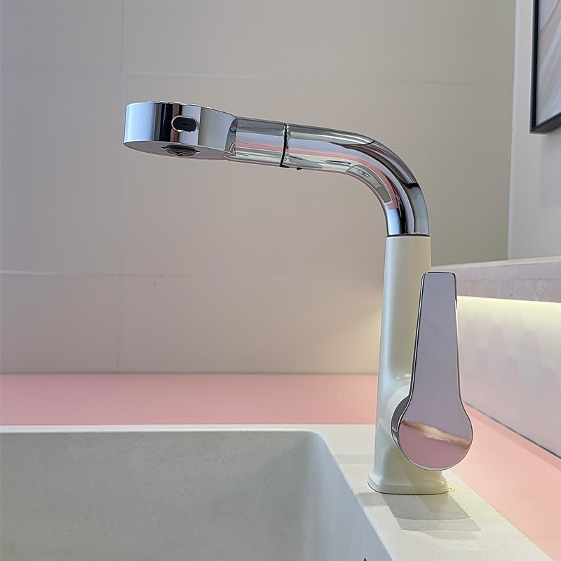 Pull-Out Basin Faucet, Hot and Cold, Household Use, Adjustable Height, Rotating, Bathroom Washbasin Faucet, Bathroom Sink Copper Faucet