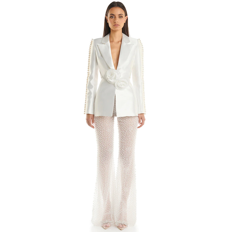 Sweet and Discreet Sexy Waistless Stereo Flower Suit Jacket Heavy Industry Pearl Sequin Mesh Micro-Flared Pants