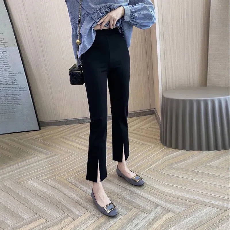 Plus-Size Stretchy Cropped Pants for Women, Spring and Summer, High-Waisted, Slimming, Front Slit, Slightly Flared, Petite Casual Long Pants Plus-Size Stretchy Cropped Pants for Women, Spring and Summer, High-Waisted, Slimming, Front Slit, Slightly Flared, Petite Casual Long Pants