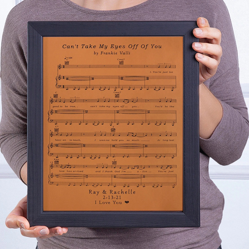 Personalized Music Three-Year Anniversary Gift for Him: Wooden Leather Sheet Music Frame for Wedding Anniversary or Birthday