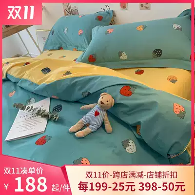 High-grade padded cotton four-piece autumn and winter abrasive bedding cartoon hipster bright color quilt cover nude sleep comfortable