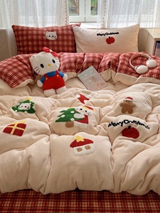 Christmas Cat Towel Embroidery Milk Velvet Four-Piece Set Autumn and Winter Warm Double-Sided Velvet Coral Velvet Duvet 