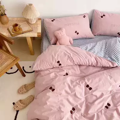 Bow embroidery pattern cotton four-piece washing cotton quilt cover boyfriend Plaid control bedding Lady grid ins