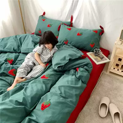 Girl heart cotton four-piece washing cotton naked sleeping quilt cover embroidery bow quilt cover cute hipster bedding