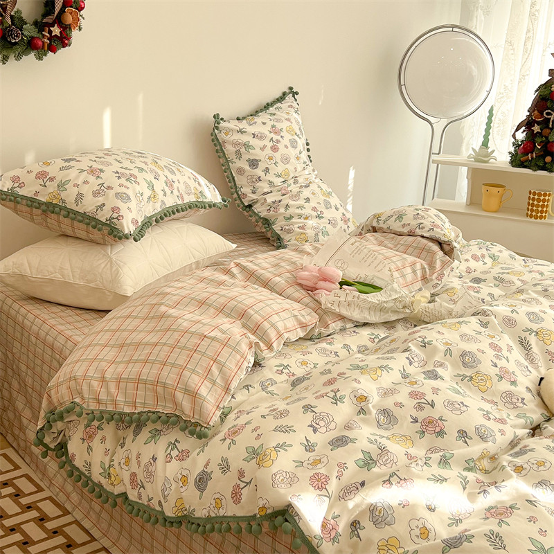 Gross Balls Crushed Flowers Pure Cotton Four Pieces Korean Cream Adolescent Girl Full Cotton Quilt Cover 1 5m1 8 m Retro Bed