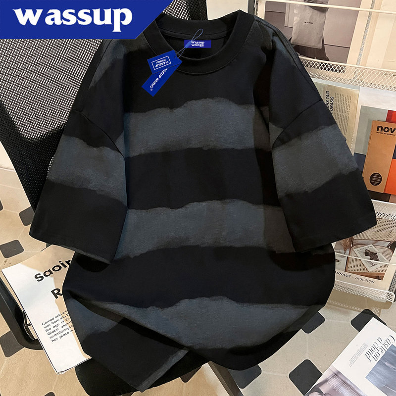 Wassup Tie-Dye Striped Short-Sleeve T-Shirt for Men, Summer Loose Fit, American Retro Half-Sleeve, Couple's Original Trendy Brand Top Wassup Tie-Dye Striped Short-Sleeve T-Shirt for Men, Summer Loose Fit, American Retro Half-Sleeve, Couple's Original Trendy Brand Top