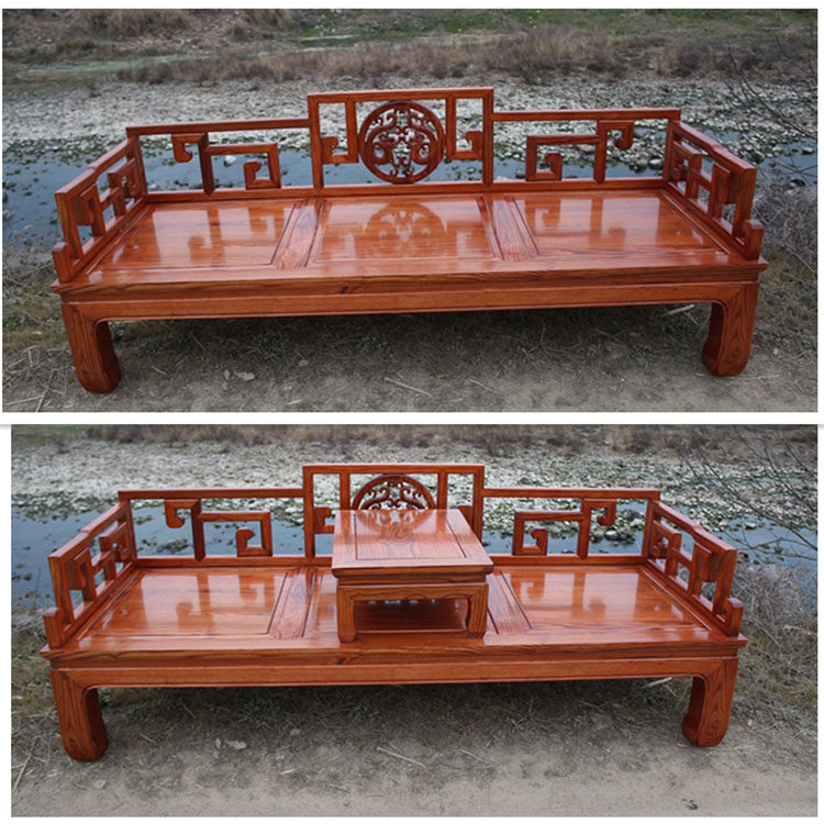 New Chinese style solid wood three-person sofa living room Arhat bed elm double seat chaise longue simple small apartment