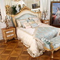 French solid wood fabric carved double bed Villa master bedroom furniture gold luxury princess bed European wedding bed custom