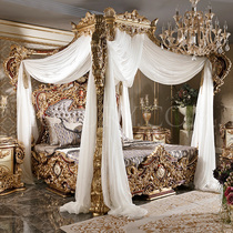 Style Extravaganza Solid Wood Carved double bed with black sketch Golden Eurostyle Palace Bed Villa Bedroom Wedding Bed Four Columns Bed