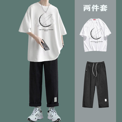 Summer boys short-sleeved t-shirt suit loose trend student casual set with handsome men's two-piece trend