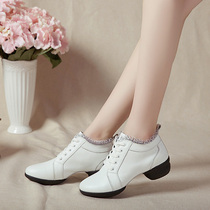 White dance shoes womens square dance shoes leather first layer cowhide soft sole breathable sailor jazz dance fitness dance shoes