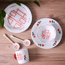 Tough pottery happy words tableware set Chinese ceramic bowl plate wedding gift to send newcomers creative unique girlfriends give gifts